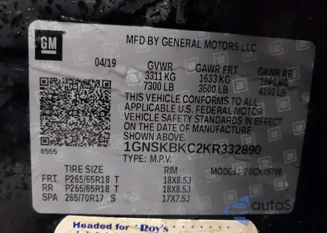 2019 Chevrolet Tahoe Lt from USA, damaged, VIN 1GNSKBKC2KR332890